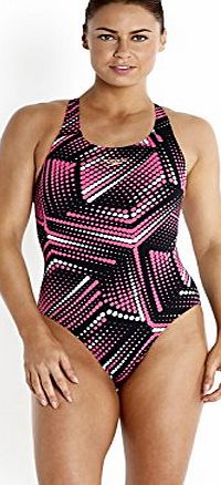 Speedo Womens Allover Power Back Print 3 Swimsuit - Black/Pop Pink/Chill Blue, 36 Inch
