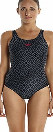 Speedo Womens Monogram Allover Muscle Back Swimsuit - Black/Usa Charcoal/Magenta, Size 40