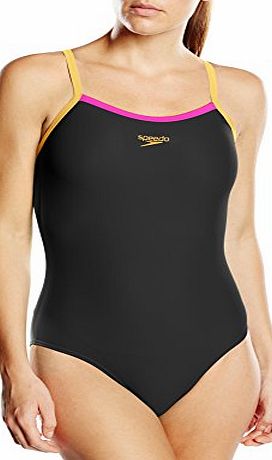 Speedo Womens Thin Strap Muscle Back Swimsuit - Black/Papaya Punch/Ecstatic, Size 34