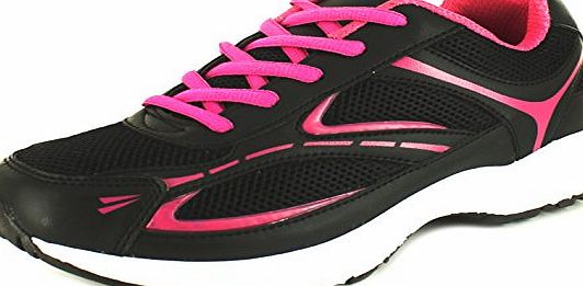 Sports Image New Ladies Black Synthetic Leather Lace Up Jogging/Running Trainers - Black/Fuchsia - UK SIZE 6