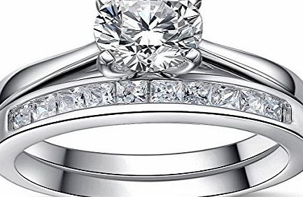 Sreema London 925 Sterling Silver Princess Cut Crystals Accent Love Forever Eternity Engagement Wedding Ring Set For Women, Teenage girls, Size UK M J L K N P Q R O S, with Gift Box, Ideal Gift for Christmas (T)