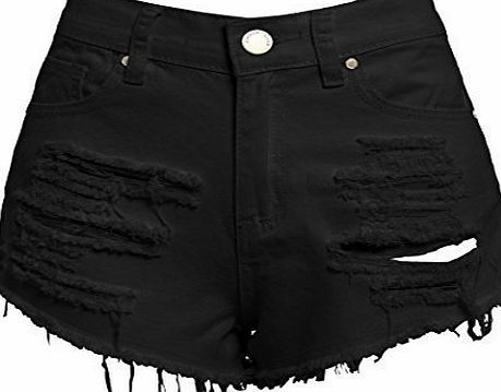 SS7 New Womens High Waisted Ripped Shorts, Black, White, Sizes 6 to 14 (UK - 14, Black)