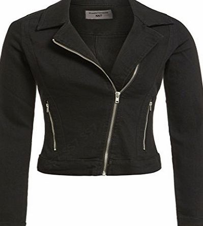 SS7 Womens Denim Fitted Biker Jacket, Black, Sizes 8 to 16 (UK - 12, Black Stonewash)