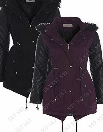 SS7 Womens Quilted PU Sleeve Parka Coat, Sizes 8 to 16 (UK - 10, Black / Black)