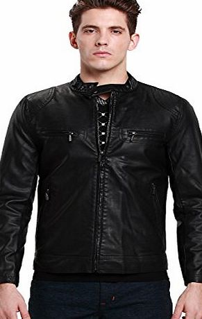 SSLR Mens Slim Fit Faux Leather Long Sleeve Jacket (Medium, Black)