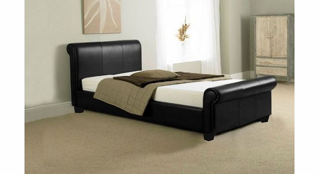 BRAND NEW 3ft BLACK FAUX LEATHER SLEIGH SINGLE SCROLL BED