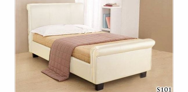 BRAND NEW 3ft CREAM FAUX LEATHER SLEIGH SINGLE SCROLL BED