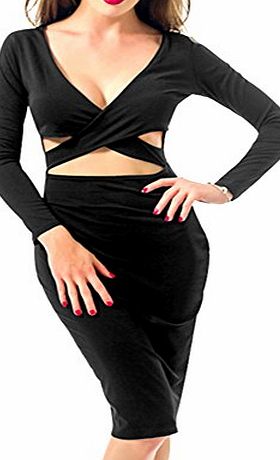 Starworld6 Women Sexy Dress, Long Sleeve Bandage Bodycon Slim Party Midi Clubwear Evening Dress / Black Large Size