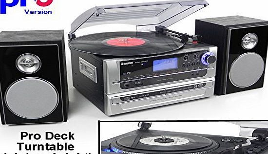 Steepletone SMC1033 PRO (new PRO Deck Turntable) 6-in-1 Music System Home Audio System - Turntable Record Player to CD, CD to CD ~ AND ~ MP3 Recording - Radio - AUX IN amp; OUT (Black (Silver Detaili