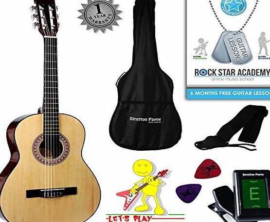 Stretton Payne Acoustic Guitar Package 3/4 Sized (36 inch) Classical Nylon String Childs Guitar Pack Natural