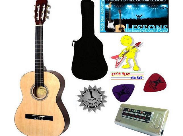 Stretton Payne Left Hand Acoustic Guitar Package 3/4 Sized (36 inch) Classical Nylon String Childs Guitar Pack Natural
