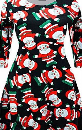 Stylish Ladies New Womens Ladies Christmas swing dress Long Sleeve Santa Snowflake Colourful Special Novelty Gift Plus Size 8-26 (24-26, Black Santa Print)