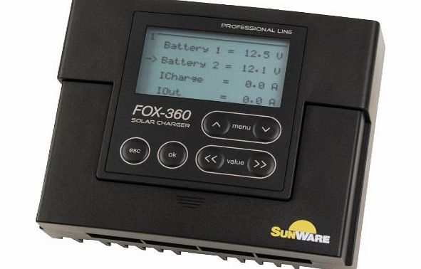 Sunware 822130LR FOX-360 20A Solar Charge Controller for Dual Batteries, 12/24V