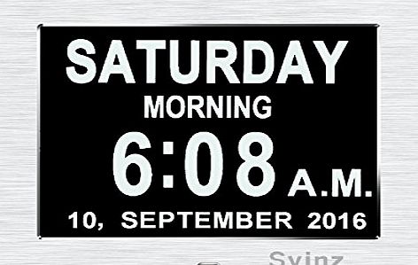 SVINZ Upgraded-Dual Alarm Clock -Svinz Memory Loss Day Clock Digital Calendar - Extra Large Non-Abbreviated Day amp; Month - Excellent for Impaired Vision SDC006 -Brushed Silver