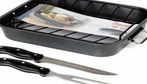 Swan Large Roasting Pan - Roaster and Rack, Non Stick With Carving Knife and Fork