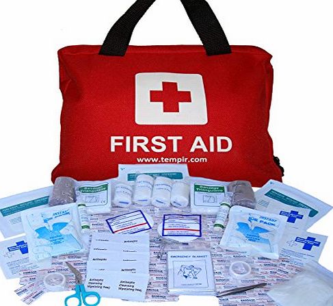 TempIR Premium First Aid Kit Bag Over 100 pieces for Travel, Car, Home, Camping, Work, Hiking, Survival, including Eye Wash, CPR MASK, Thermal Blanket, Tweezers, Scissors, Bandages, Plasters. Complete Kit to
