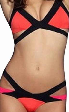 The Beach Stop Exotic Model Skimpy Micro Cutout Hot Designer Swimwear Pink/Black Wrap Bikini (UK 6)