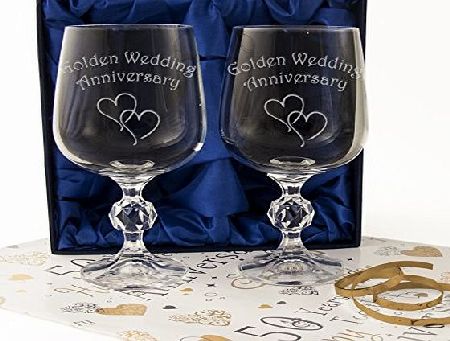 The Engraving Gallery Golden 50th Wedding Anniversary, A Pair of Crystal Wine Goblets in Satin Lined Presentation Box. Engraved with ``Golden Wedding Anniversary`` and Two Stylish Hearts. Quality 50th Anniversary Gift Wrap a
