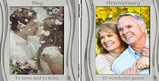 The Engraving Gallery Silver 25th Wedding Anniversary, Silver Plated, Velvet Backed, Double Photo Frame, Matt and Gloss Silver, Free Standing and Hinged. One Frame engraved with ``Wedding Day`` and ``To have and to hold...`` a