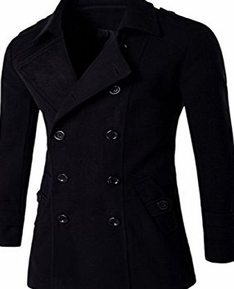 Thinkmax  Mens Lapel Collar Coat Stylish Cotton Overcoat with Double Button Black L