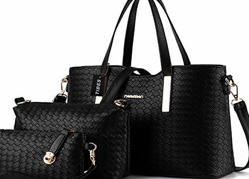 Tibes Fashion Pu Leather Handbag Shoulder Bag Purse 3pcs Bag Purse Black