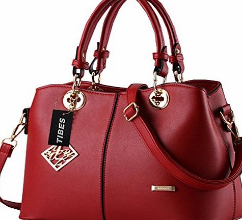Tibes Ladies PU Leather Handbag with Shoulder Strap Wine Red