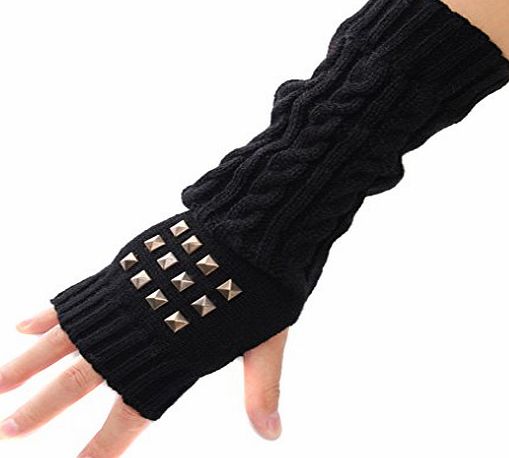 TININNA Fashion Punk Style Winter Warm Rivet Knit Knitted Fingerless Gloves Half Finger Gloves Arm Warmers for Women Girls
