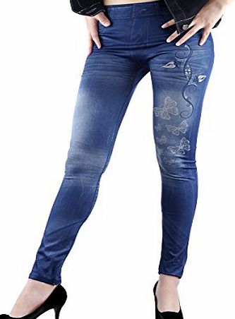 TININNA Stretch Elasticated Skinny Denim Look Leggings Jeggings Pants Trousers Butterfly Printed for Women Blue