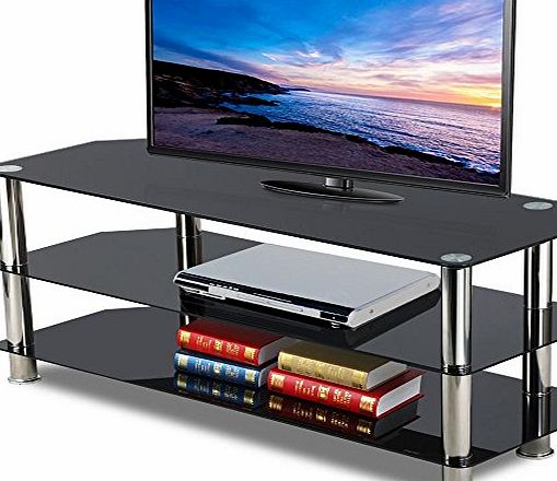 tinkertonk Black Glass Flat Screen TV Stand, 3 Tier Storage Shelf amp; Stainless Steel Legs, 114 CM