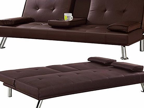 tinkertonk Modern Cinema Style 3 Seater Faux Leather Sofa Bed and Fold Down Drinks Holder Living Room Furniture (Brown)