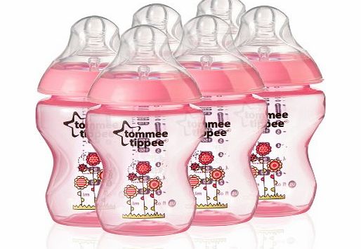Tommee Tippee Closer to Nature 260 ml/9fl oz Decorated Feeding Bottles (Pink/6-pack)