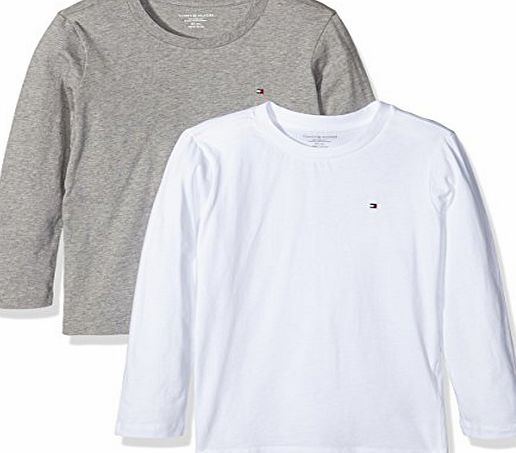 Tommy Hilfiger Boys Cotton Cn Tee Ls Icon T-Shirt, Multicoloured-Mehrfarbig (White/Grey Heather 101), 14 Years pack of 2