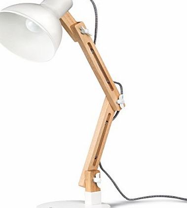 Tomons Scandinavian Swing Arm Desk Lamp, Natural Wood Designer Table Lamp for Office, Living Room, Study and Bedroom, White