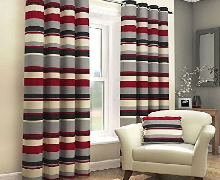 Tonys Textiles Red Black Grey Cream Striped Ring Top Fully Lined Pair of Eyelet Ready Made Curtains (66`` Wide x 54`` Drop)