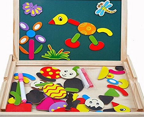 Tonze toys Wooden Writing Board Magnetic Jigsaw Puzzle Drawing White Blackboard Easel Toy Educational Learning Game with Double Side for Kids Boys Girls Children 3 4 Years Old, Animal Pattern