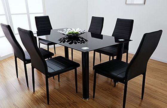 Toscano Black amp; White Glass Dining Table Set with 6 Faux Leather Chairs Brand New (Black)