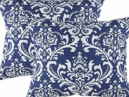 TreeWool (Pack of 2) Damask 16 x 16 Inches Cotton Canvas Accent Decorative Throw Pillow Covers Cushion Cases (40 x 40 cm, Navy Blue)