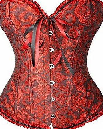 U-Pretty Womens Overbust Basques Bustier Top Corset With Brocade amp; Matching G-String 819 (Black and Red,L)