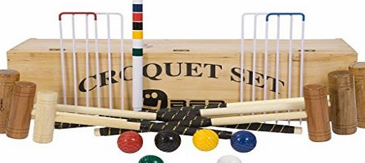 Uber Games 6 Player Family Croquet Set with Wooden Box - Contains 4 sizes of mallets, 1 x 24 , 2 x 28, 2 x 34, 1 x 38. The set also includes 6 wooden balls, 6 steel hoops and a hardwood centre peg, in a wooden b