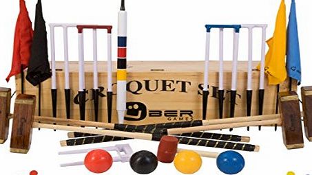 Uber Games Championship Croquet Set with Wooden Box - Contains 2 sizes of rosewood mallet; 2 x 34`` and 2 x 38.`` The set also includes 4 16oz composite balls, 6 club steel hoops, hoop smasher, clips, flags and a 