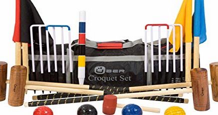 Uber Games Garden Croquet Set with Nylon Bag - Contains 2 sizes of mallets, 2 x 34`` and 2 x 38``. The set also includes 4 wooden balls, 6 steel hoops, a hoop smasher, corner flags and a hardwood centre peg. All i