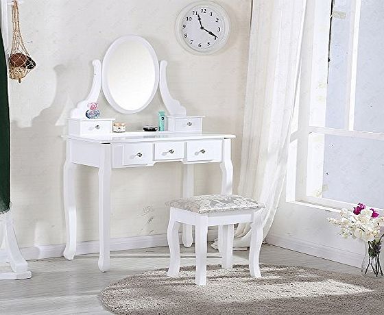 UEnjoy Dressing Table Makeup Desk with Stool 5 Drawers and Oval Mirror Bedroom