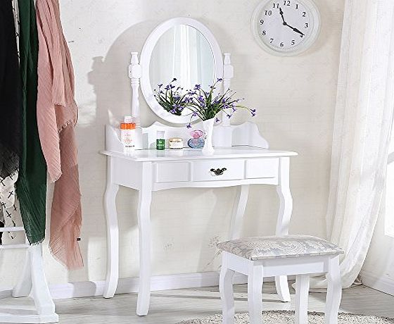 UEnjoy White Dressing Table Makeup Desk with Stool and Round Mirror Bedroom Furniture