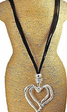 Unique Gifts On The Web Chunky silver heart pendant amp; cubic zirconia black leather suede fashion jewellery necklace