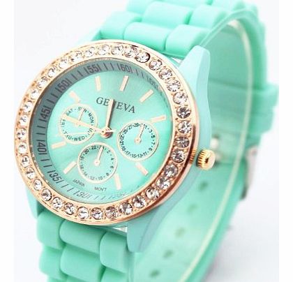 Fashion Base Green New Rose Gold Diamond Quartz Silicone Jelly Watch for Women Wedding Gift