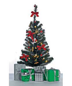 25 decorations and 20 clear fairy lights.Width 19.69 inches.90 tips.Wrapped tree.Indoor use.1.5m cab