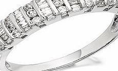 A very interesting looking, 5mm wide diamond band ring. With rounded and comfortable edges, lines of round brilliant cut diamonds alternate with baguette cuts (1/2 carat total diamond weight); all bar-set perpendicular on the 2mm tapered band.