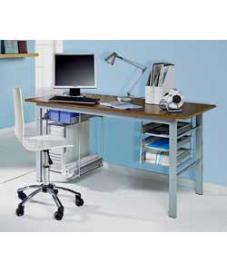Contemporary functional desk with metal frame and walnut coloured wooden top.Suitable for 17in