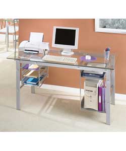 Glass and metal computer desk with CPU holder and