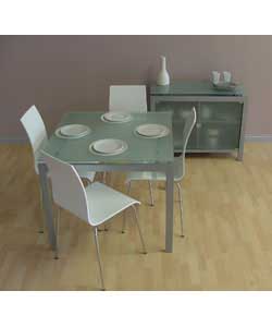 Dining table with silver powder coated metal frame and a frosted tempered glass table top.Overall